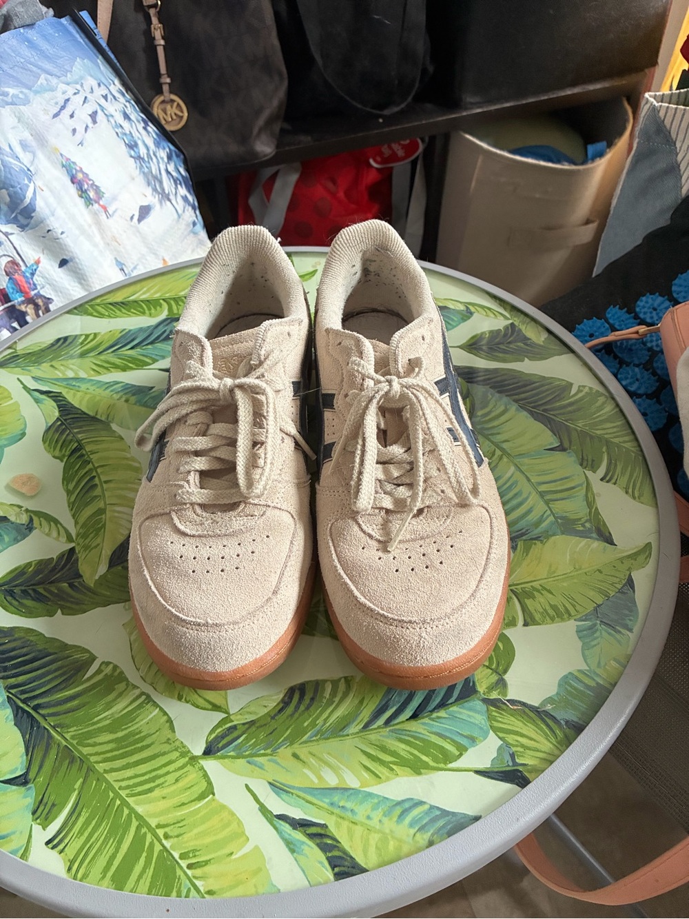ASICS Beige Suede Sneakers with Navy Stripes - Women